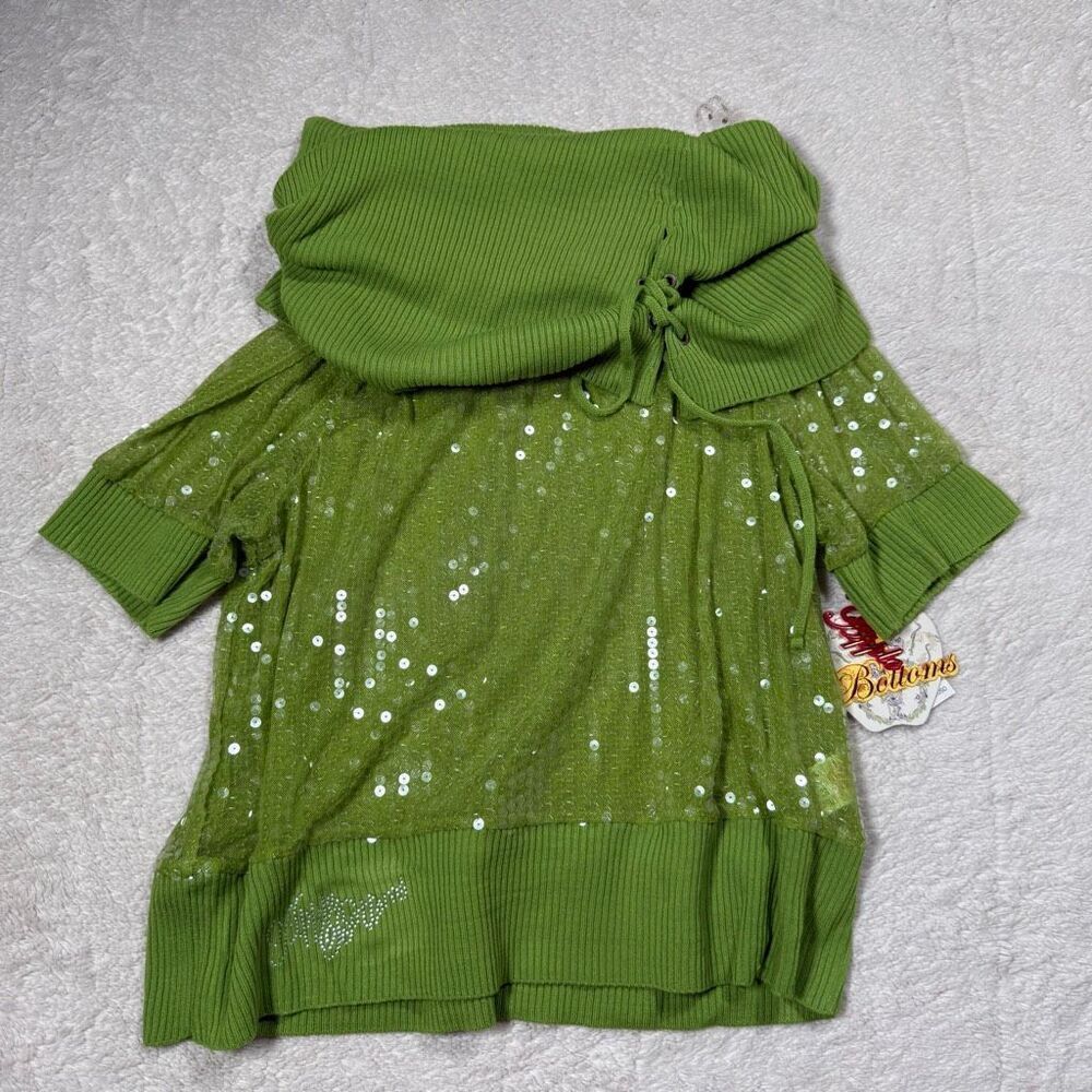 NWT Vintage Apple Bottoms “Green Envy” Sequin Off-Shoulder Sweater Y2K Glam